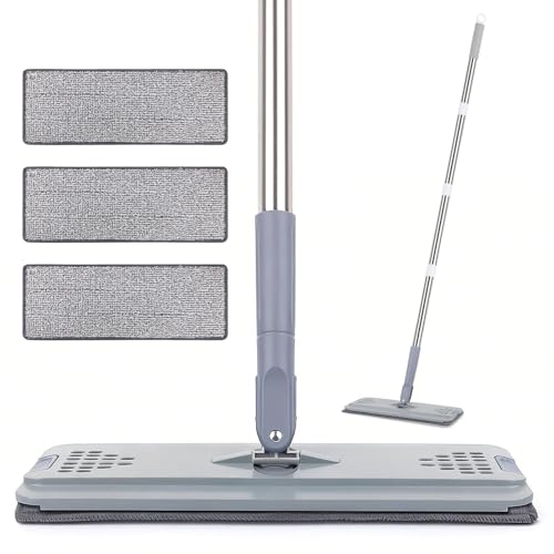 Flat Mop with 3 Pads, Microfiber Mops for Floor Cleaning Adjustable Handle 29-49, Dust Mop for...