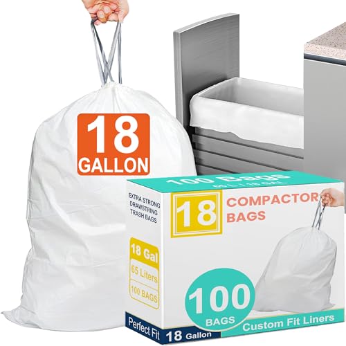 18 Gallon 100 Count Compactor Kitchen Trash Bags Heavy Duty Reinforced Drawstring 1.2 Mil THICK Fits 18 Gallon Compatible with Kitchenaid Whirpool GE 15 Inch Compactors Leak Resistant