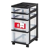 IRIS USA Plastic Drawer Storage Organizer Rolling Cart, with Wheels Casters, 4-Drawers, for Classroom Art Craft Supplies Dresser Closet Bathroom Laundry Room, Black/Clear