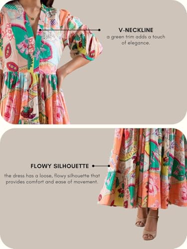 GRECIILOOKS Women's Printed Boho Maxi Dress | Long Flared Style with Full or Puff Sleeves | Ethnic Pattern Gown for Festive, Holiday & Everyday Wear