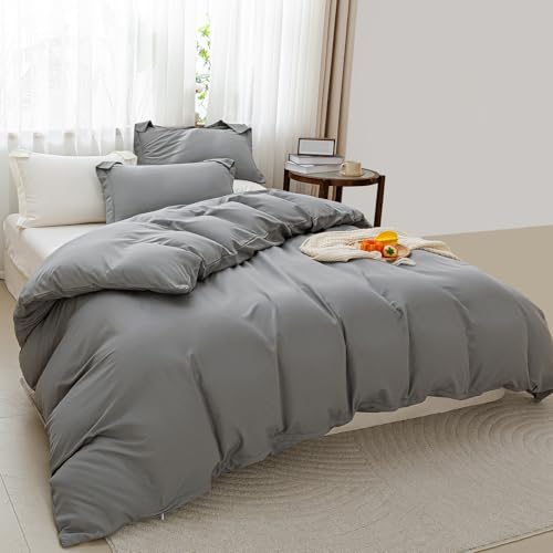 Image of SheRest Gray Duvet Cover Twin Size - Soft Brushed Microfiber, 1 Duvet Cover 68x90 Inches with Zipper Closure 8 Ties & 1 Pillow Sham, Breathable Bedding Set for All Season (No Comforter)
