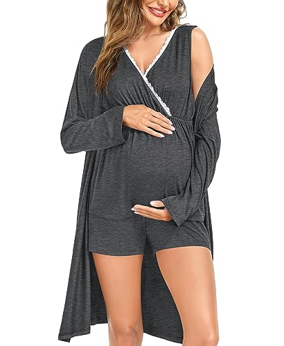 Image of SWOMOG Womens Maternity Nursing Pajama Set with Robe 3 Piece Breastfeeding Sleepwear Sleeveless Top & Shorts Pregnancy PJs