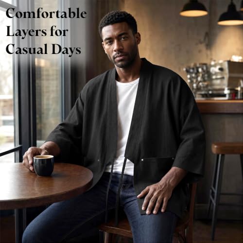 Image of Haseil Men's Kimono Cardigan Japanese Jackets Casual Cotton 3 /4 Sleeve Shirt Open Front Coat Lightweight Linen Yukata