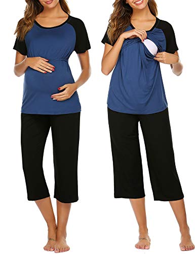 Ekouaer Postpartum Capri Pjs Nursing Pajama Set for Hospital Long Sleeve Maternity Petite (Deep Sky Blue L)