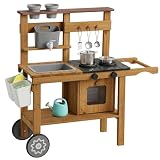 AIYAPLAY Matschküche Kinder Outdoor Spielküche aus Holz mit Wasserhahn Spüle Pflanzkasten Rädern Stauraum Herd Edelstahlzubehör Kinderküche für draußen für Kinder von 3 bis 6 Jahren Braun