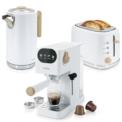 briebe Nordic Ensemble Machine à Café Expresso 20 Bars Capsules et Café Moulu + Bouilloire Électrique 1,7L sans Fil, 2200W + Grille Pain 2 Fentes Larges,...