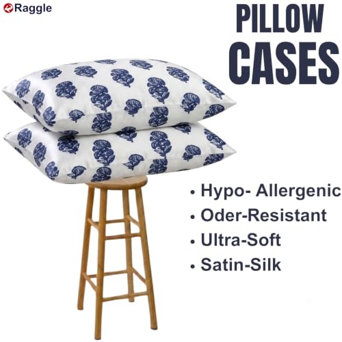 Image of RAGGLE Set of 4 Satin Silk Pillowcase for Hair and Skin Standard Size 18 inchX 28 inch with Soft Breathable Smooth Cooling Pillow Covers for Sleeping or Pillow Protector (4, Navy Blue Printed)