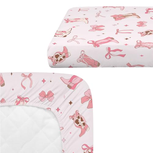 Image of 4 Pack Pink Bow Crib Sheet Set for Girl, Soft Breathable Fitted Pink Crib Sheet 28 x 52 in, Cowgirl Nursery Decor for Standard Crib and Toddler Bed Mattresses