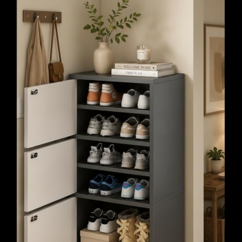 Image of EXVITO Modern Tall Shoe Cabinet, Wooden Flip Door Shoe Storage Cabinet, 4-Door Narrow Entryway Shoe Organizer with Multi-Tier Shelves, Space Saving Shoe Rack for Hallway, Apartment & Home - Black