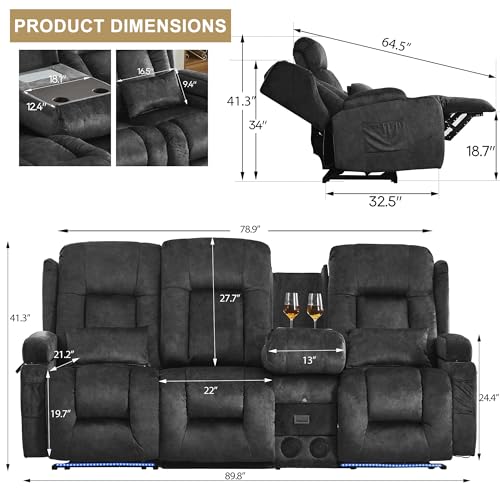 Image of URRED Power Loveseat Recliner Sofa with Massage and Heat, Wall Hugger Reclining Loveseat with Console, RV Couch Home Theater Seating with LED Lights for Living Room (Dark Grey, 89.8 inch - 3 Seats)