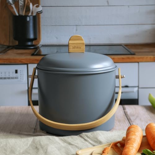 Seau à compost élégant PEBBLY en acier résistant avec anse en bambou