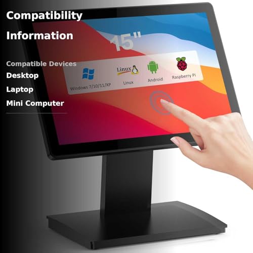 NewHail 15-inch Touchscreen POS Monitor, HDMI/VGA Capacitive Screen Display with Heavy-Duty Metal Stand for Retail, Restaurant, Bar, Gym, Warehouse and POS Systems