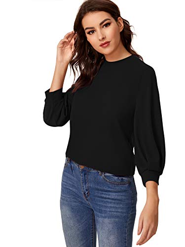 SheIn Women's 3/4 Long Sleeve Casual Office Blouse for Work Round Neck Top Plain Shirt Black#3 Medium