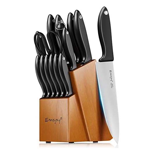 Knife Set, 15-Piece Kitchen Knife Set with Sharpener Wooden Block and Serrated Steak Knives,Emojoy Germany High Carbon Stainless Steel Knife Block Set
