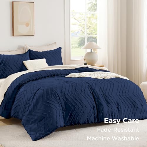 Image of Andency Navy Blue Comforter Set Queen Size, Boho Soft Warm Tufted Bedding Comforter Sets for Queen Size Bed, 3 Pieces Aesthetic Chevron Farmhouse Cute Bohemian Textured Bed Set