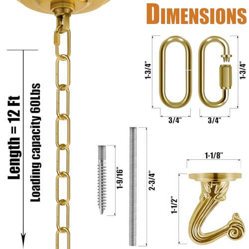 Image of 12 Ft Heavy Duty Hanging Chain Kit (Brass) | with Connection Locks & Swag Ceiling Hooks for Lighting Fixture, Pendant, Lantern, Swag Lamp, Plant Basket, Bird Feeder