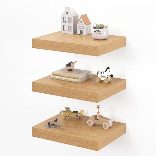 Image of Dreamland 16 inch Floating Shelves for Wall, 12 inch Deep Thicker Floating Shelves, Wall-Mounted Shelves for Bedroom, Living Room, Kitchen, Bathroom,Oak - Set of 3