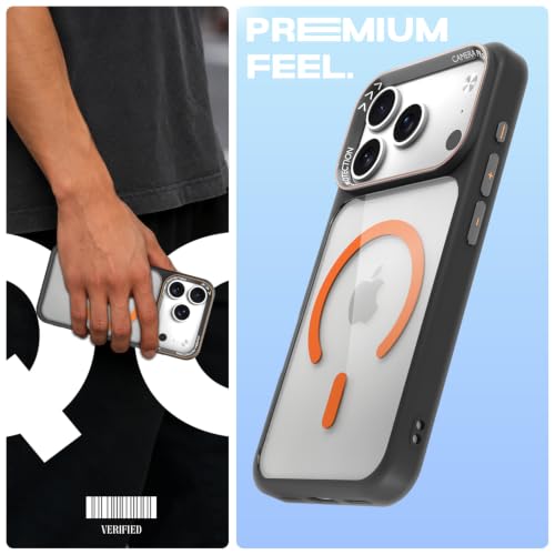 Image of Pikkme Back Cover for iPhone 17 Pro Max | Shockproof | Mag-Safe Compatible | Hard Transparent Back | Premium Raised Camera Protection | Bumper Case (Black & Orange Mag-Safe)