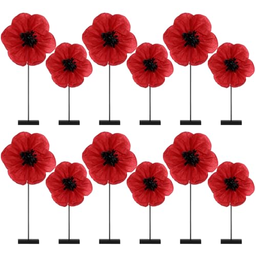 Amyhill 12 Pcs Artificial Red Poppy Flowers Table Centerpiece with Wooden Base Poppy Paper Flowers for Veterans Day Home Office Witch Theme Party Decor Supplies Photography Props
