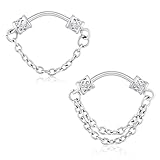 Qmcandy 2 piercings de nariz de acero inoxidable de 16 g, color negro y plateado, con cadena, Metal, circonita cúbica