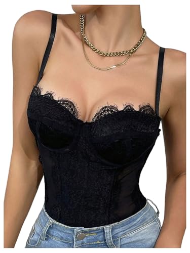 SweatyRocks Womens Lace Corset Shapewear Bodysuits Backless Sleeveless Thong Bodysuit Shirt Tops Black Medium