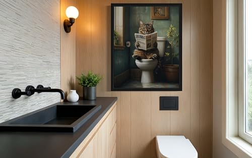 Image of Cat on Toilet Black Framed Wall Art Print Poster, Dog Bathroom Humor Decor Posters Prints for Restroom Home Picture Painting Artwork Gallery 7 (Cat, 20 inchL x 16 inchW, Black Frame)