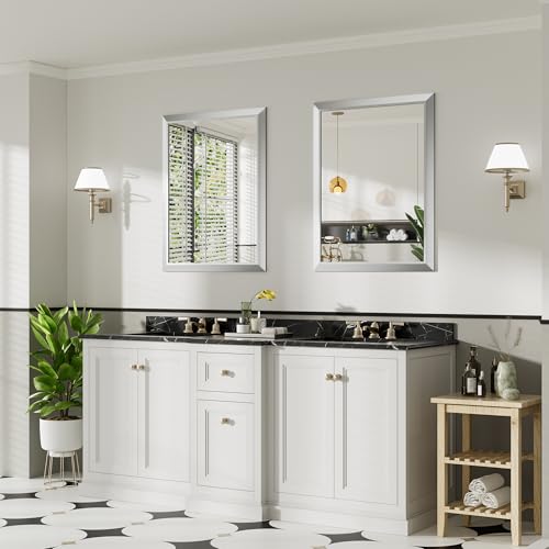 28x36 Inch Silver Bathroom Mirror for Wall, Thick Metal Framed Rectangle Mirrors for Over Sink, Bedroom, Living Room, Entryway, Anti-Rust, HD Tempered Glass