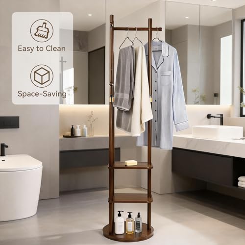 Fengzhizhu Rotary Coat Rack Freestanding Wood Clothing Rack with 3 Storage Shelves and 5 Hooks Heavy-Duty Coat Tree for Corner Entryways Living Rooms and Bedrooms, Walnut — view 3