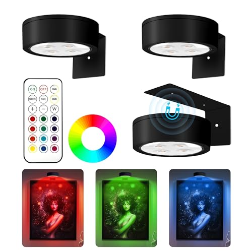 MYSHAKER 3 Pieces Magnetic LED Art Display Lights, 13 RGB Colors, for Photo Frame Artwork, Wireless Painting with Remote Control, Party Home, Wall Decor Puck Lights, Black -RGB