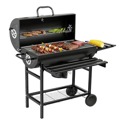 Nafas Barrel Charcoal Grill Barbecue Smoker with Shelves Large capacity 380 Square Inches Cooking Area Stainless Steel 4 Air Vents Ash Collector Wheels for Outdoor Camping Garden Picnics Backyard