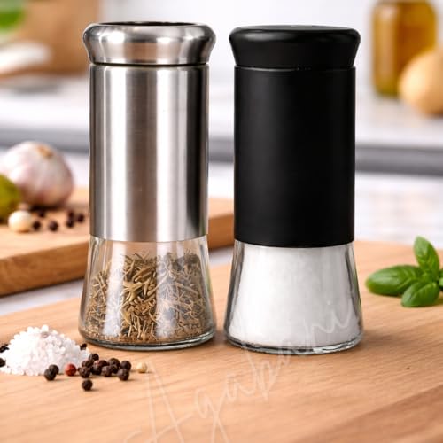 Image of Salt and Pepper Shakers Set, Stainless Steel Salt and Pepper Sprinkler for Restaurant with Glass Bottom, Spice Dispenser Ideal for Himalayan, Kosher, Black and White Pepper (Black + Silver)