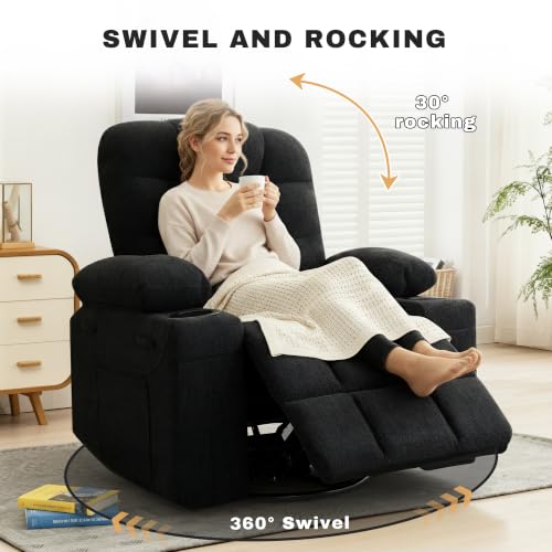 Image of Swivel Rocker Recliner Chair, Recliner Single Sofa with Massage,Manual Nursery Rocking Chair with Side Pockets & Cup Holder, Modern Recliner with Heating for Living Room, Apartment(Black)