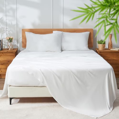 100% Rayon Derived from Bamboo Sheet Sets Queen Size, Organically Growth, Silky Soft & Cooling, 4 Piece (1 Fitted Sheet, 1 Flat Sheet and 2 Pillowcases) White Bedding Set with 15" Deep Pocket - Thumbnail 5