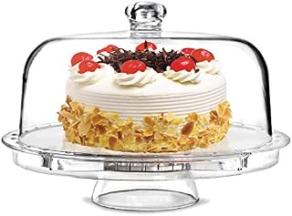 Tebery 6 IN 1 Multifunctional Cake Stand, Acrylic Cake Plate with Dome Lid, Cake and Cupcake Holder, Serving Platter, Salad Bowl, 31.5 cm, with Stand, Clear