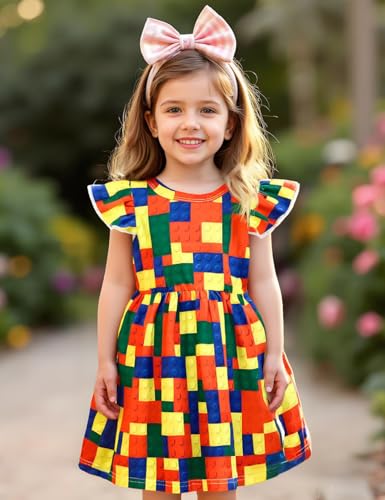 Toddler Baby Girls Dress Flutter Sleeve Multicolored Building Blocks Milk Silk Casual Ruffle Pleated Dress2