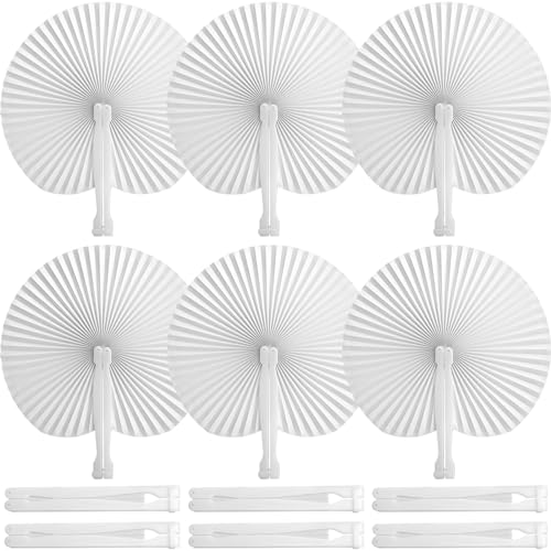 JOHOUSE 12PCS Folding Handheld Fans, White Paper Fans Bulk Round Shaped Accordion Fans with Plastic Handle for Wedding Birthday Party DIY Supplies