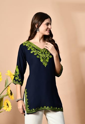 Image of LIBOZA Embroidered Kashmiri Tunic Top, Short Kurti for Women on Jeans, V-Neck, 3 /4 Sleeve, Floral Design,
