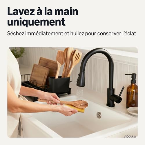 Amazon Basics Ustensiles de Cuisine en Bois , Lot de 6 Pièces, Bois d’Acacia, Préhuilés, Compatibles avec les Poêles et les Casseroles – Image 6