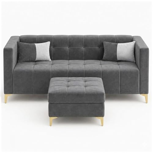 Image of FURNY Homeliving 4 Seater L Shape Sofa Set with Movable Ottoman & Golden Legs | Flexible Left or Right Layout | Plush Velvet Fabric (Dark Grey) | Perfect for Living Room, Guest Room & Office