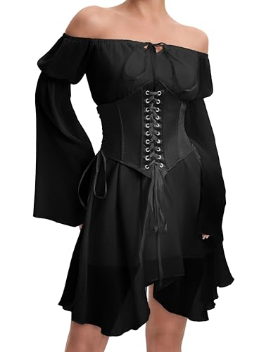 Image of Womens Corset Dresses Off Shoulder Bell Sleeve Casual Party Fairy Two Piece Outfits Bustier Dress