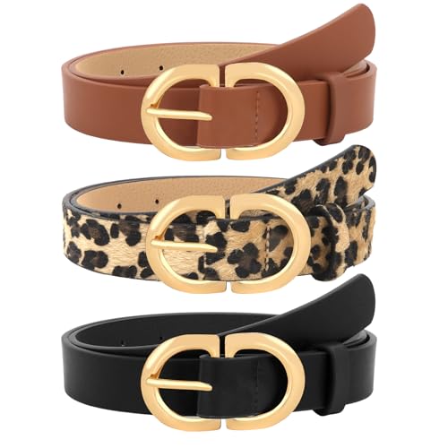 3 Pack Leather Belts for Women Jeans Dresses Pants Waist Belt Womens Black Brown Leopard Belt with Gold Buckle
