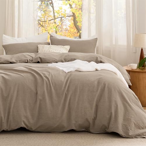 Image of Bedsure Comforter Set Full Size - Cotton Fabric with Microfiber Inner Fill, Taupe PureWoven Soft Bed Set for All Seasons, 3 Pieces, 1 Comforter 1 Comforter (82 inch x 86 inch) and 2 Pillow Cases (20 inch x 26 inch)