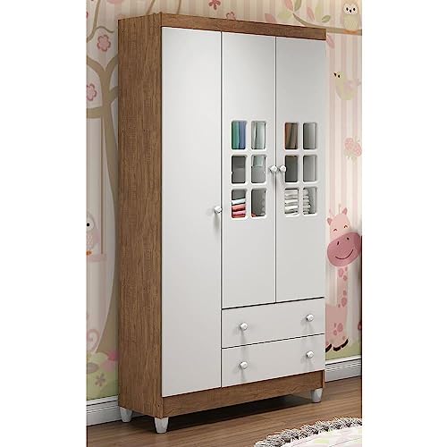 Guarda Roupa Infantil 3 Portas com Gavetas Ariane Branco Fosco com Amadeirado Carolina Baby