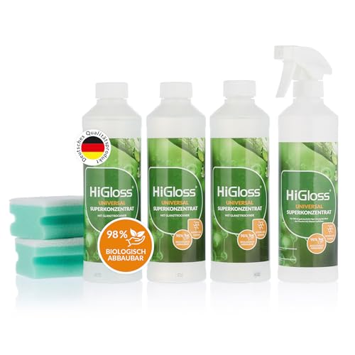 HiGloss Allzweckreiniger gegen hartnäckigen Schmutz – Superkonzentrat + Leerflasche & Zerstäuber – biologisch abbaubar, geruchlos & lebensmittelecht – für Küche, Bad, Wäsche u.v.m., 3x 500 ml