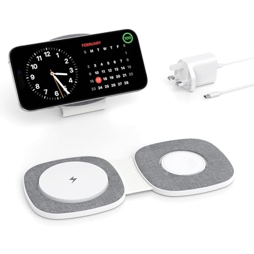 2 in 1 Foldable Wireless Charger for MagSafe Charging Station for iPhone 17e/Air/17/16/15/14/13/12 Series for Apple Watch 11/10/9/8/7/6/5/4/3/2/Ultra/SE for AirPods(20W PD Adapter)