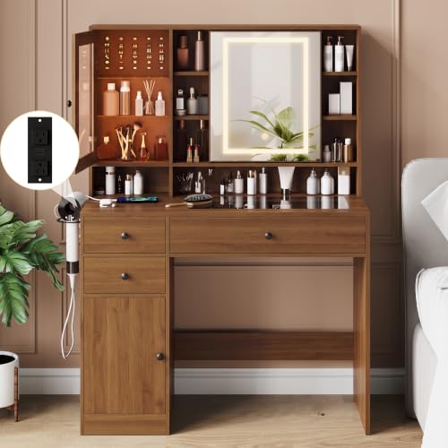 Image of Makeup Vanity Desk with Mirror and Lights, Walnut Vanity with Glass Top, Jewelry Storage, Power Outlets, 3 Drawers & 2 Cabinets, Adjustable LED Lighting, Dressing Table for Women & Girls Bedroom