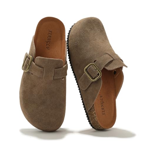 XIANGLV Women's Suede Clogs Leather Mules Comfort Cork Footbed Sandals Potato Shoes with Arch...