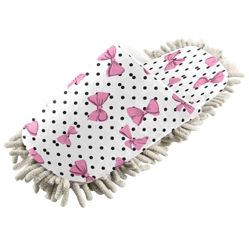 Kigai Pink Bows on Polka Dots Mop Slippers for Floor Cleaning, Slippers for Women Men, Microfiber Floor Cleaning, L