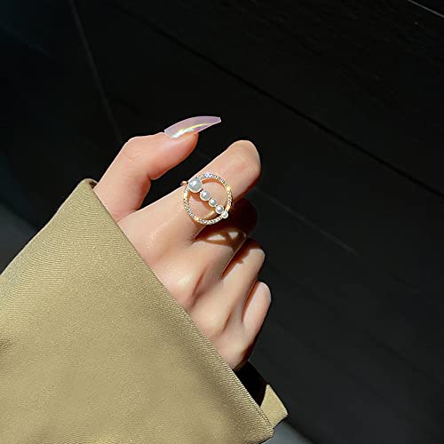 Hollow Circle Pearl Open Statement Rings For Women Girls 14K Gold Plated Cubic Zirconia Crystal Round Wrap Finger Band Promise Engagement Ring Wedding Eternity Rings Adjustable Dainty Jewelry Gifts #TOP1