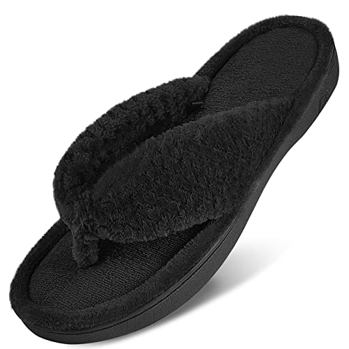DL Women's Flip Flop Memory Foam Slippers with Cozy Terry Lining Soft Thong Slippers Slip on House Shoes with Indoor Outdoor Arch Support Rubber Sole